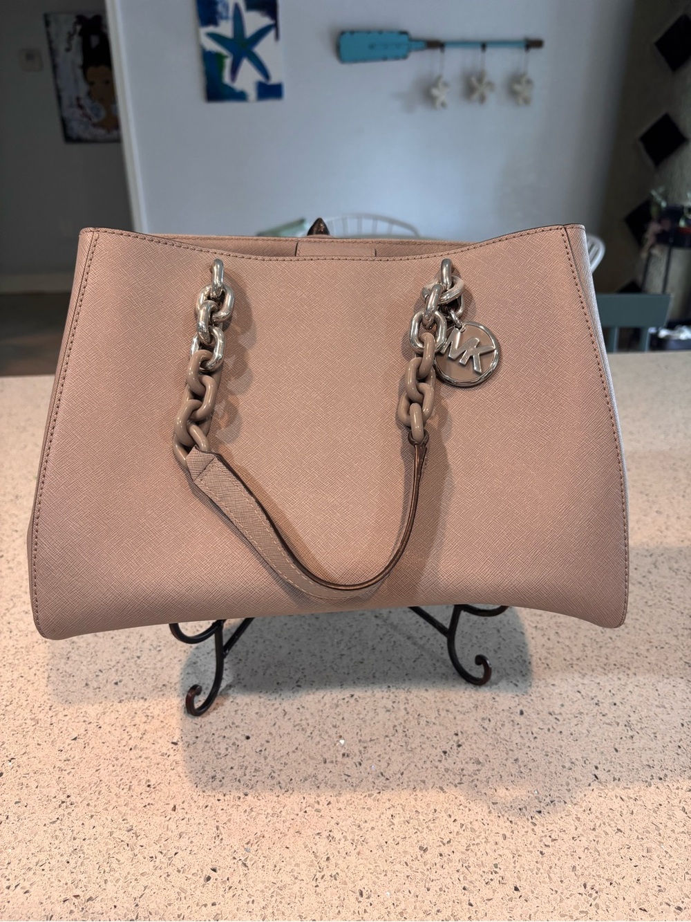 Michael Kors Cynthia Medium Santino Leather Chain-Link Tote in Dove Gray.